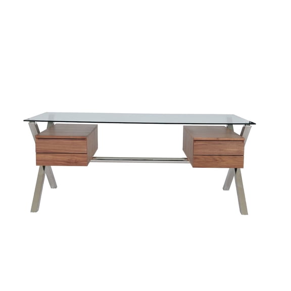 Pangea Home Beverly Large Modern Tempered Glass & Wood Veneer Desk in Walnut