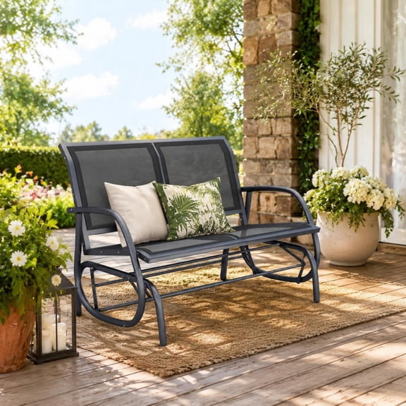 Double Glider Bench, Powder-Coated Steel Frame, Two-Seat Outdoor Swing Bench for Backyard Garden Porch Patio Balcony, Black