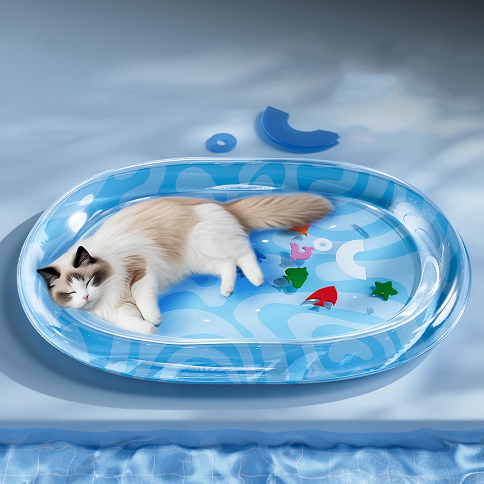 Pet Cooling Pad for Dogs & Cats Thick Waterproof Stain-Resistant Water Mat with Sensory Floating Fish Interactive Play Mat for Summer Indoor Outdoor Travel Use