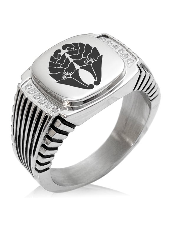 Stainless Steel Nabeshima Samurai Crest CZ Ribbed Needle Stripe Pattern Biker Style Polished Ring