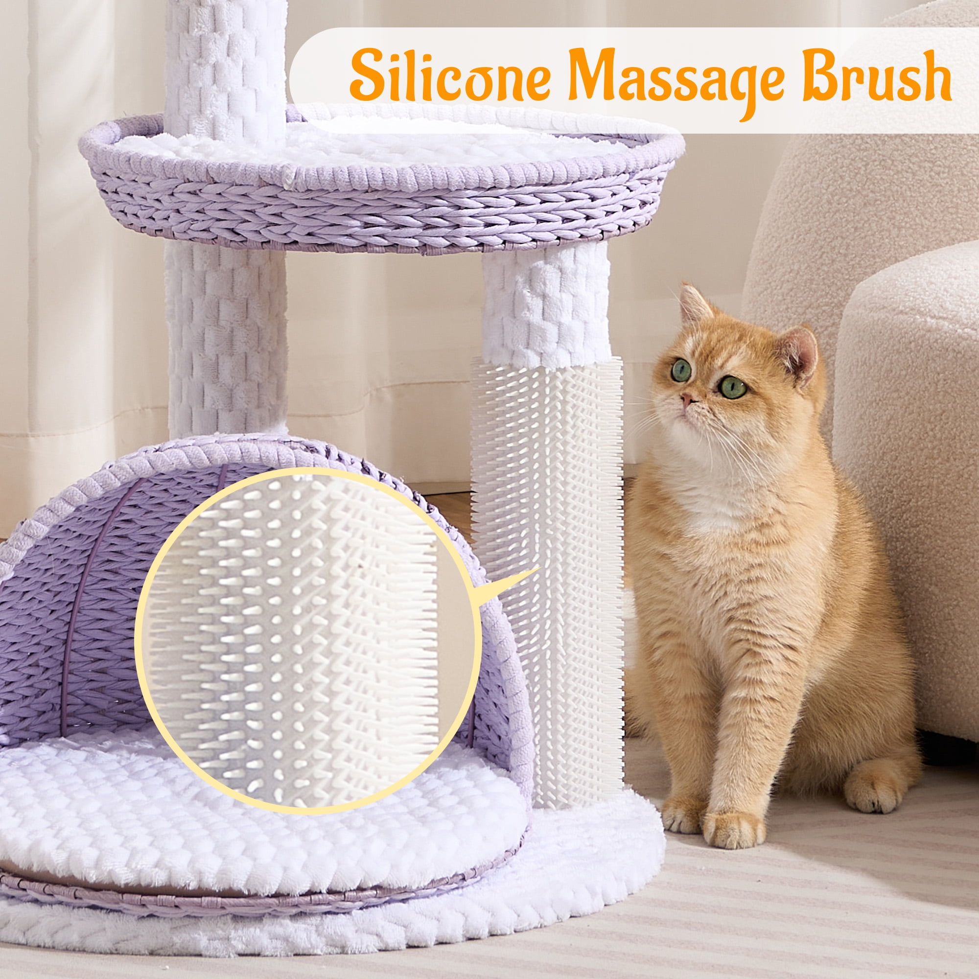 HITTITE Modern Cat Tree Tower with Scratching Post, 46 Inches Tall Cat Towers with Woven Cat Nests and Cave, Removable Cushions and Massage Brush for Indoor Cats Large Adult.