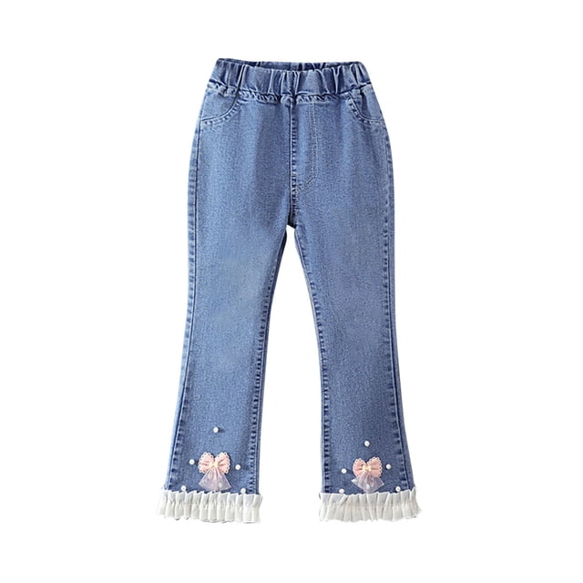 Odeerbi 4-14 Años Niñas Vaqueros Flamed Lace Trim Bow Denim Pantalones Casual Loose Cowboy Pantalones de Piernas Anchas