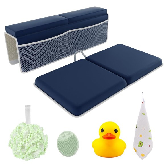 Ensemble de Coussinets de Bain pour Genoux et Coudes pour s'Agenouiller pour le Bain de Bébé? Tapis en Mousse Mémoire Souple Imperméable avec Poches, Organisateur, Séchage Rapide, Pliable, Antidérapant pour Jouets de Bain pour Bébé et Tout-Petit, Éponge en Tissu (Bleu)