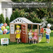 Sunnyfree Outdoor Playhouse with BBQ Grill, Wooden Playhouse with Play Kitchen,Indoor & Outdoor for Kids 3+