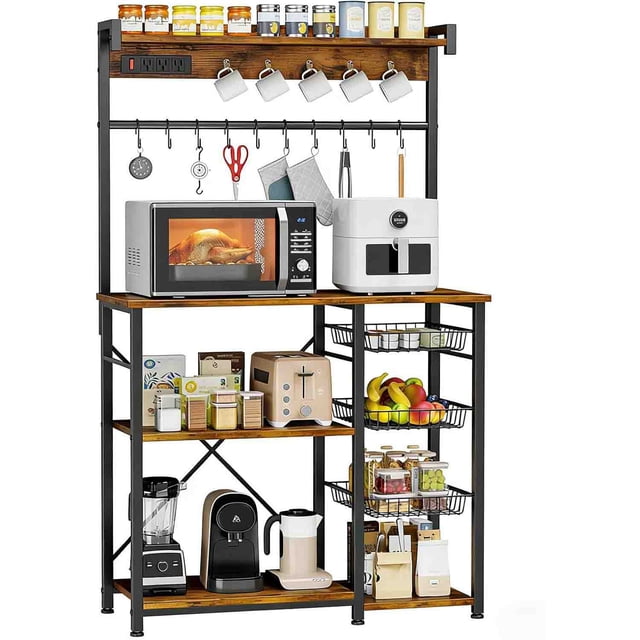 Alacena de Almacenamiento de 8 Niveles, Estante de Cocina con Enchufes y 15 Ganchos,Estante de Microondas, Mueble Multiusos de Cocina, Sala, Oficina,Cafetería (Marrón)