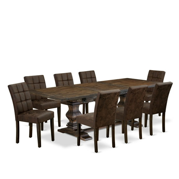 East West Furniture LAAS9-07-T25 9 Piece Table Set consists A Wood Dining Table and 8 Black Textured Faux Leather Parson Dining Chairs, Distressed Jacobean
