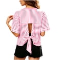 thumbnail image 3 of FAIWAD Summer Tops for Women Striped Tie Back Short Sleeve Crew Neck T Shirts Casual Going Out Blouses, 3 of 9