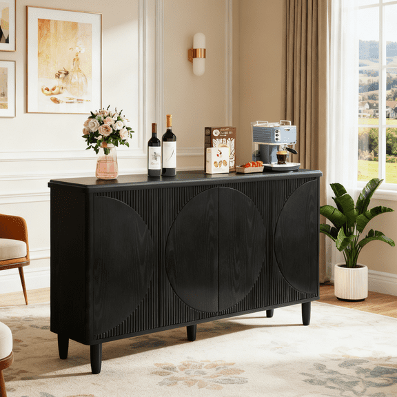 Fnova Modern Cabinet with 2-Tier Storage Shelves, 59.44" Sideboard with 4 Doors, Push Pop-up Door, for Kitchen, Dining Room, Living Room, Easy Assembly