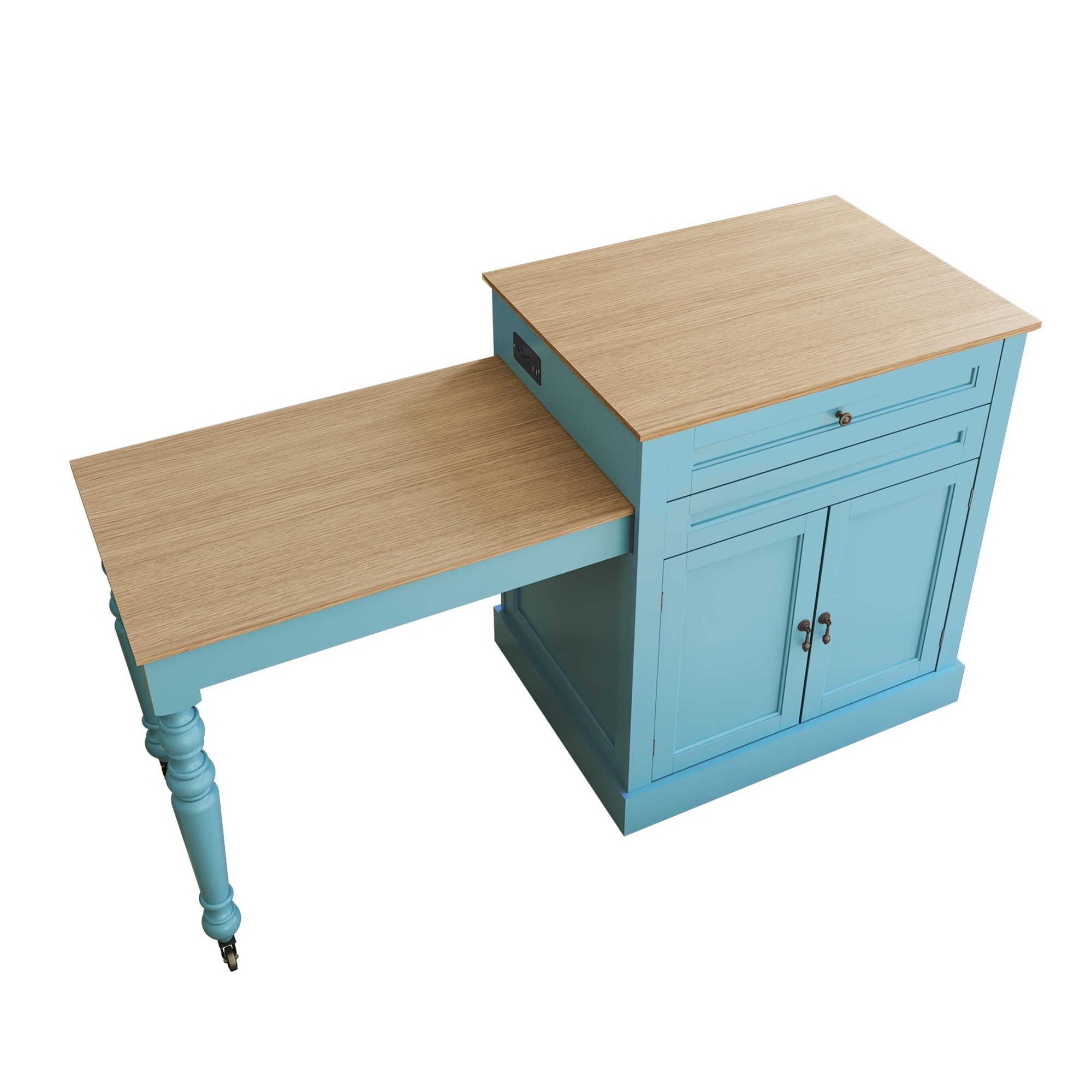 HLR 78.74" Mid-Century Extendable Kitchen Islands on Wheels with Roman column legs, Dining Table Cart with Storage, Blue
