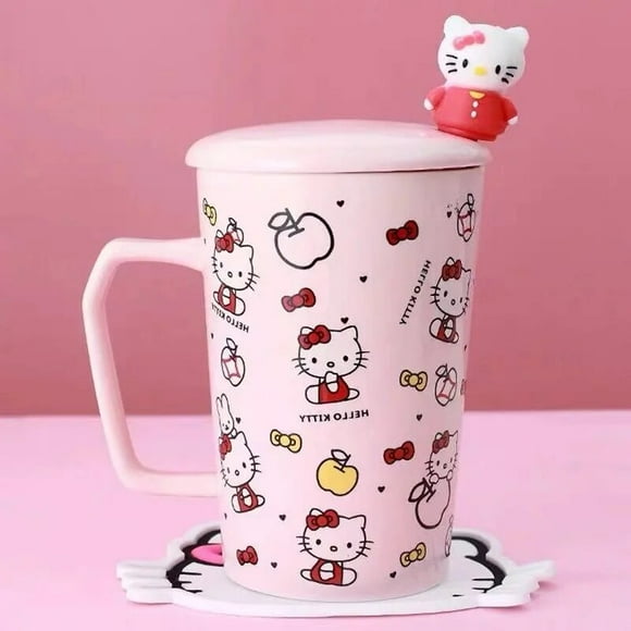 Sanrio Hello Kitty Cute Cartoon Tiki Ceramic Mug Coffee Cup To Carry With Lid Spoon Breakfast Milk Mugs For Home Office