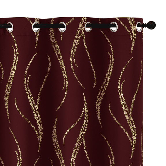 JIANCOL Blackout Curtains for Livingroom - Wave Line with Dots Gold Print Noise Reducing Thermal Insulated Ring Top Blackout Window Drapes for Livingroom (2 Panels, 52 x 84 Inch, Burgundy)