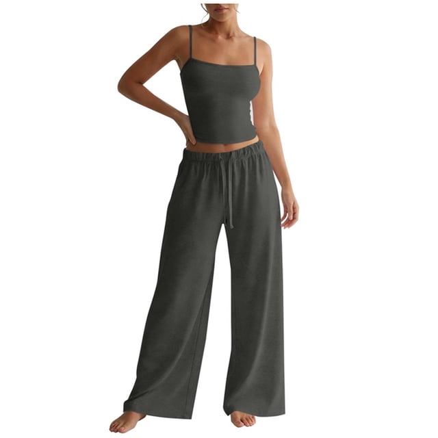 Pantalones Blancos Flare para Mujeres Estilo Color Sólido Suelto Apretado Cintura Cuello Redondo Tirar Cuerda Eslinga Cami Superior Y Pantalones de Cilindro Recto Conjunto de Medias de Encaje Blanco