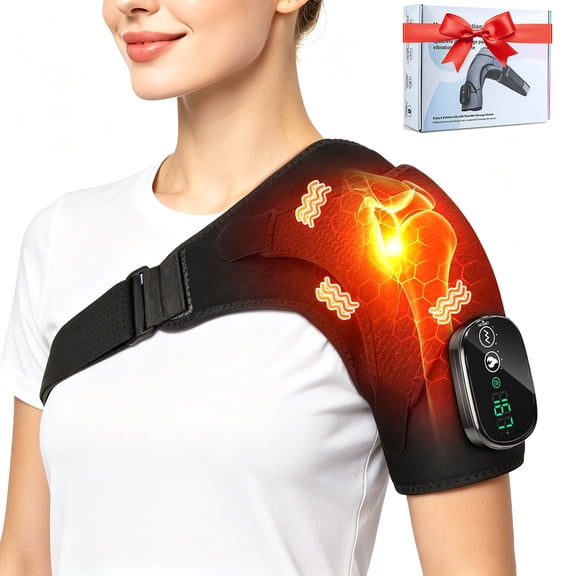 Heated Shoulder Brace Massage, Cordless Shoulder Heating Pad Wrap, Electric Heated Shoulder Massager with 3 Heat & Vibration for Men Women Relaxation