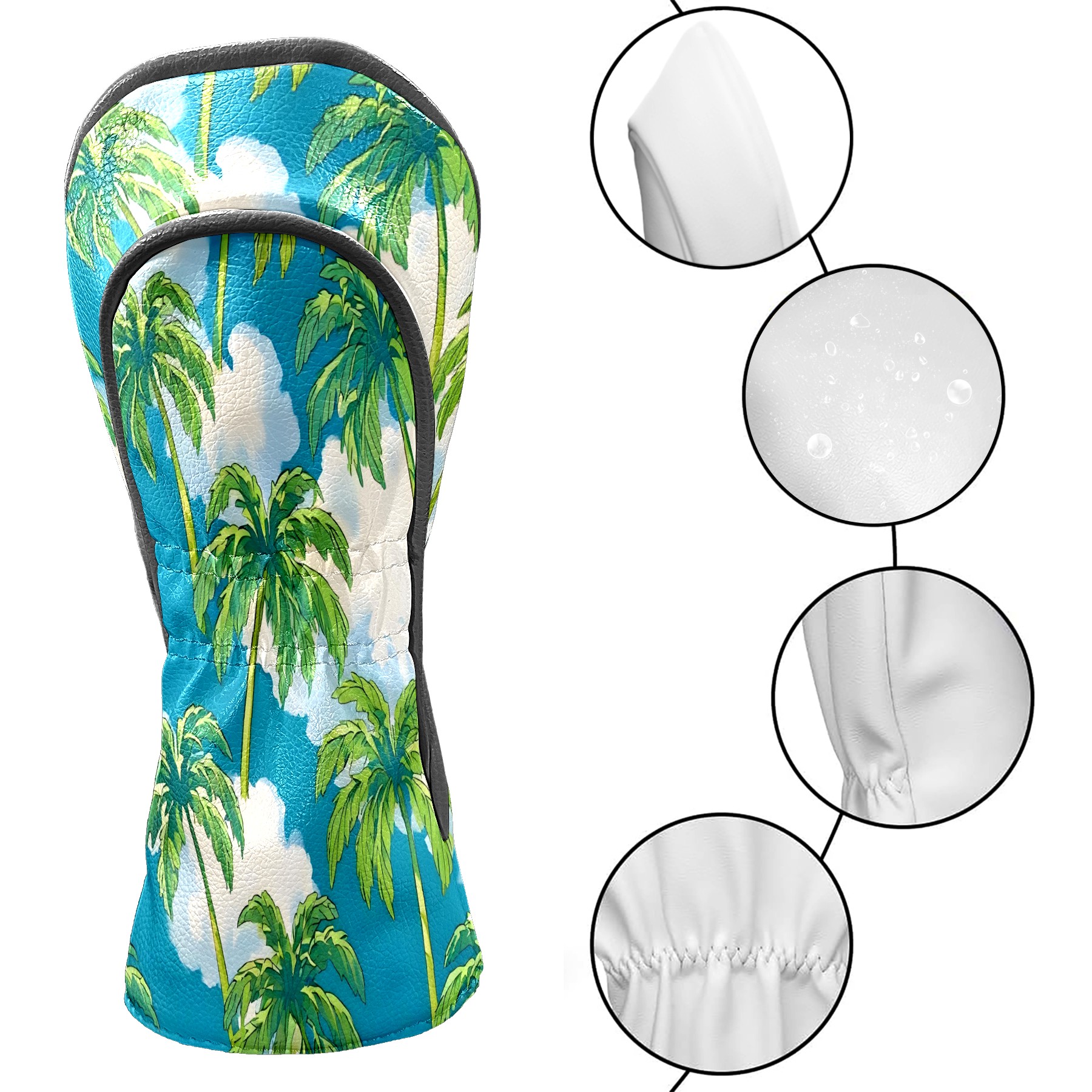 Golf Club Covers, Palm Tree Blue Premium PU Leather Driver Hybrid Putter Head Covers with Velvet Lining, Waterproof Golf Gifts for Men Women