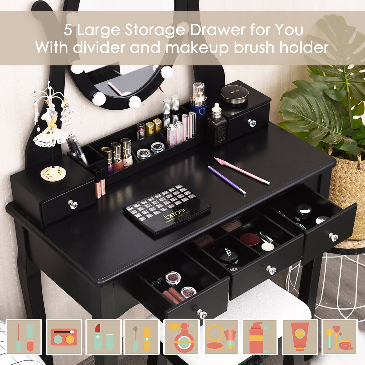 Gymax Vanity Table Set Makeup Dressing Table with10 Light Bulbs and Touch Switch, Black