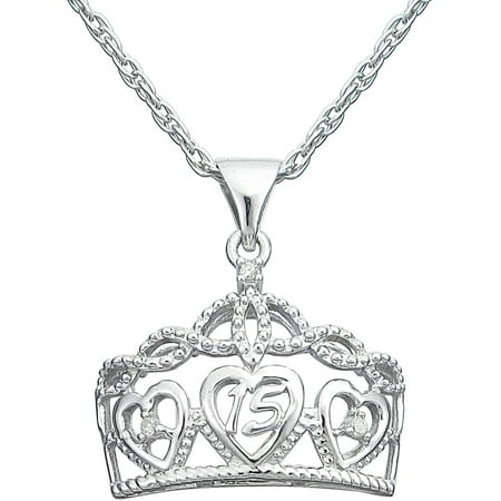 Precious Moments Sterling Silver Diamond Accent Quincenera Crown Pendant with Chain, 18