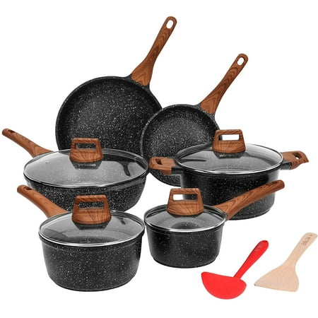 

WUGUFD Nonstick Cookware Sets 12 Pcs Granite Coating Pots and Pans Set Kitchen Cooking Set Compatible with All Stovetops (Gas Electric & Induction) PFOA Free