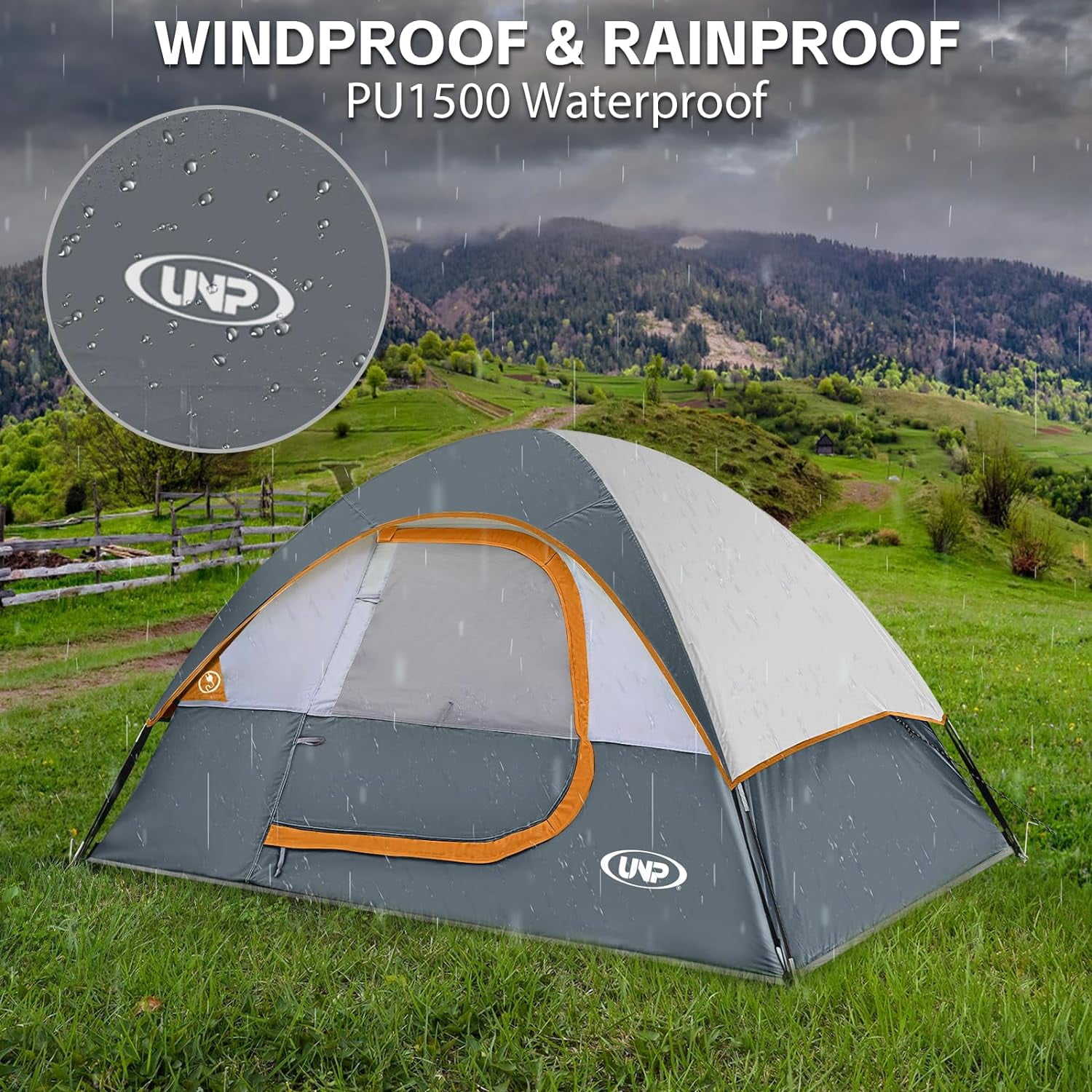 UNP Camping Tent 4 Person, Waterproof Windproof Tent with Rainfly Easy Set up-Portable Dome Tents for Camping