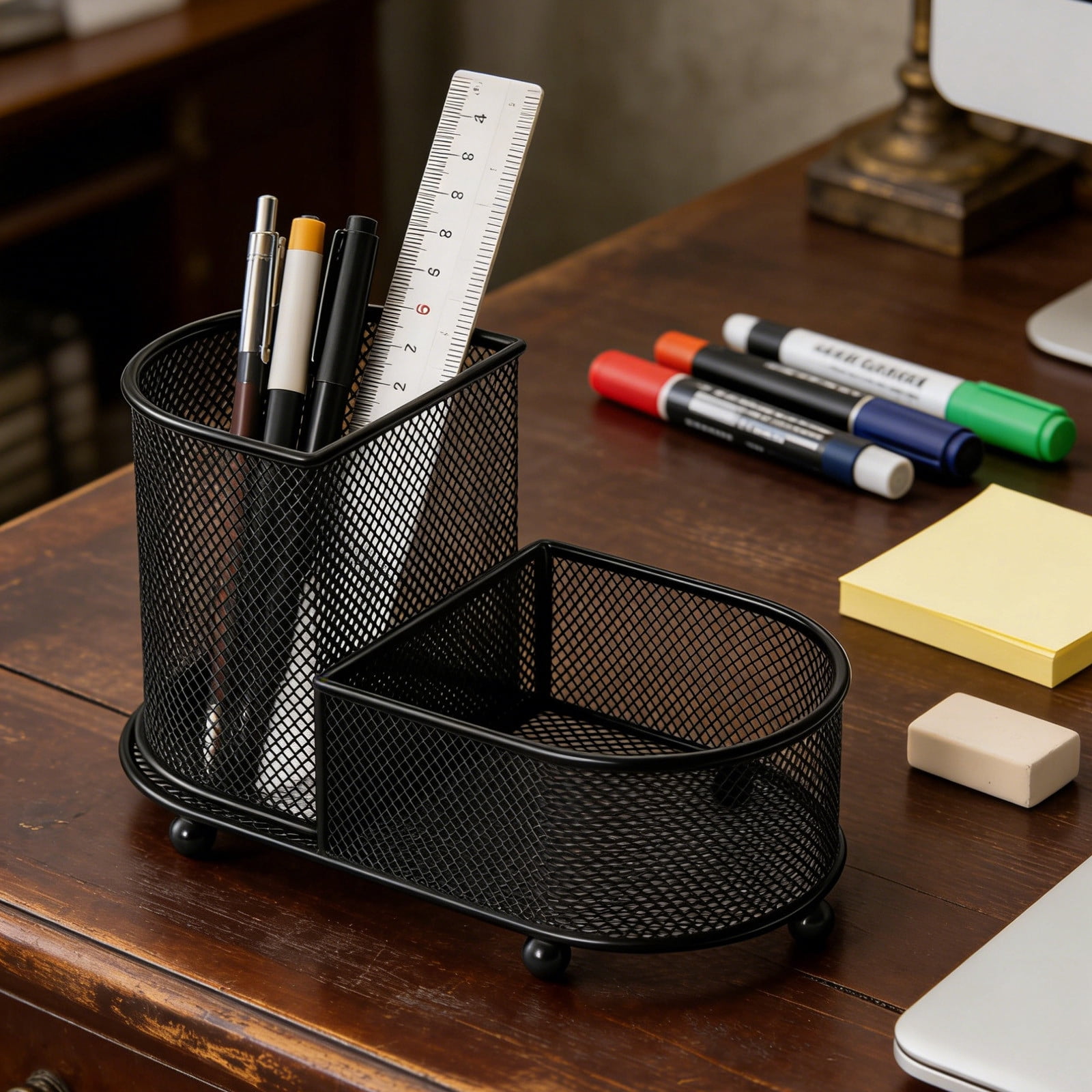 Large Capacity Pen Stationery Organizer Storage Basket - Metal Mesh Desktop Holder, Two Tier Compartment Design, Versatile Office Study Desk Accessory