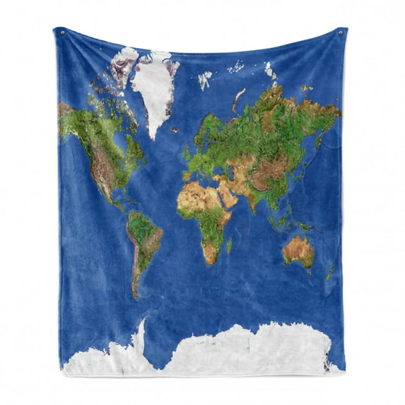World Soft Flannel Fleece Blanket, Geography Cartography Theme Continents Vegetation Nature Oceans Icy Cold Lands, Cozy Plush for Indoor and Outdoor Use, 50" x 60", Blue Green White, by Ambesonne