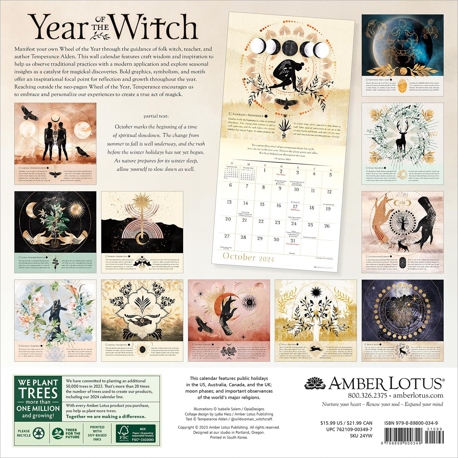 Year of the Witch 2024 Wall Calendar: Seasonal Intuitive Magick by Temperance Alden | 12" x 24" Open | Amber Lotus Publishing