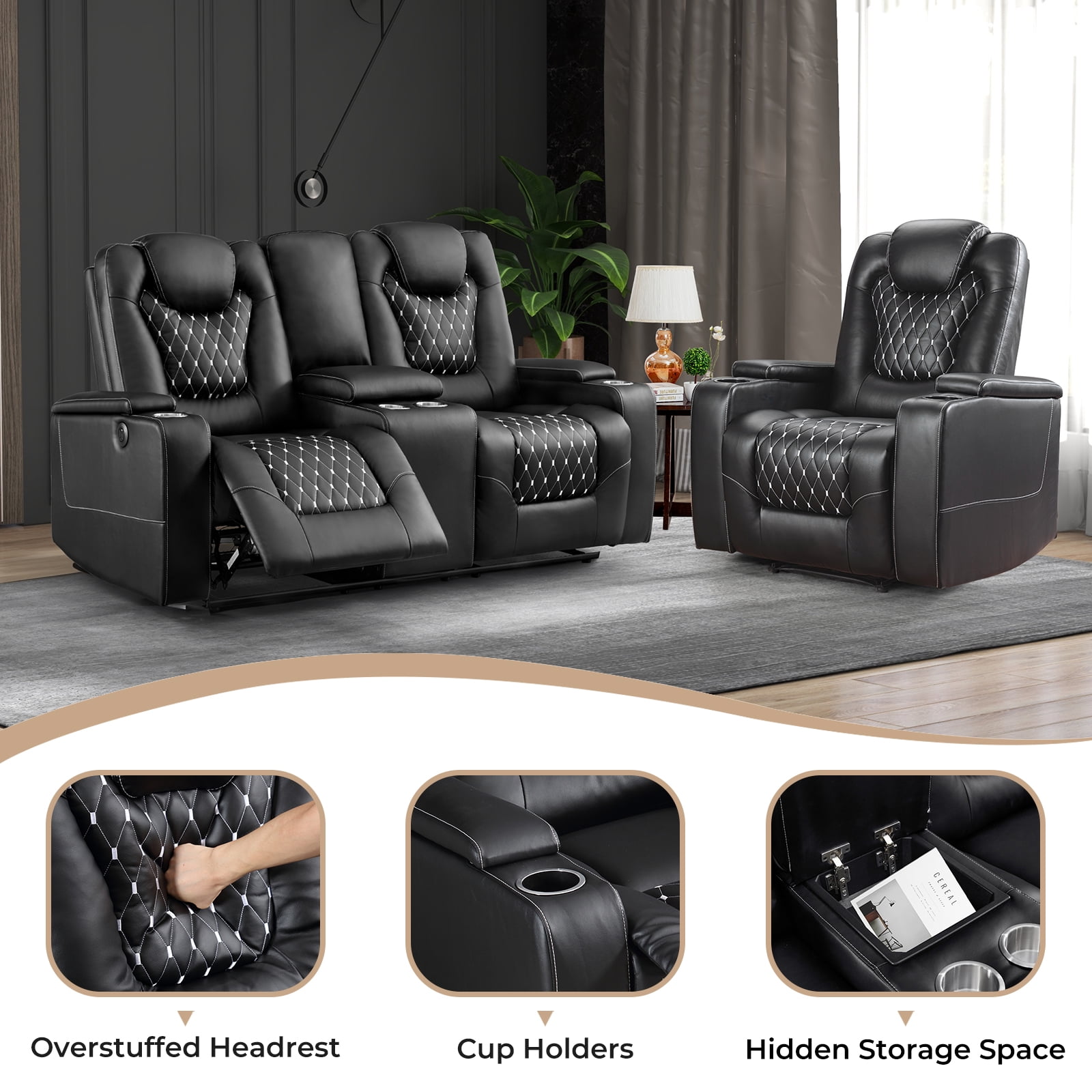 Bonzy Home Electric Power Recliner Sofa Set Theater Seating with Console Living Room Furniture Set, Cup Holders, Hidden Arm Storage, USB Ports, Black