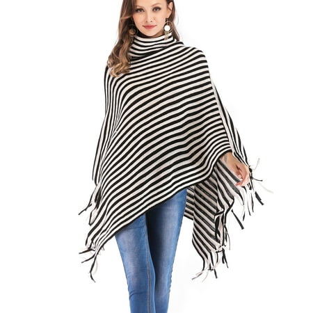 - SAYFUT Turtleneck Poncho Sweater for Women Shawls Capes Irregular Hem Fringed Striped Pullover Wrap Coats Tops