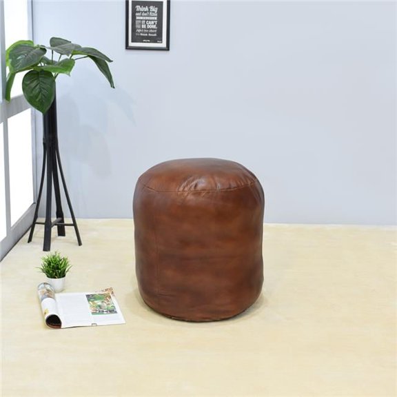 BBH Homes UBBBBACPF12SC04B4HS 16 x 16 x 16 in. Recycled Foam Solid Handmade Leather Round Ottoman Pouf with Fibre Fill, Brown