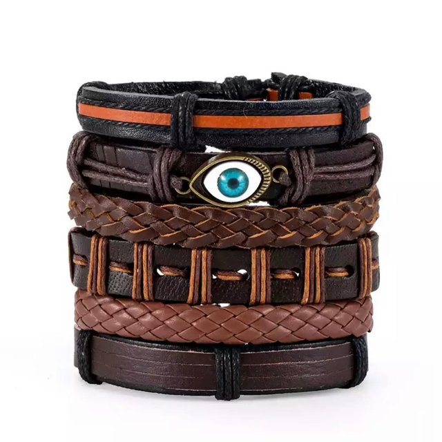 HOOUN 6Pcs/Set Turkish Evil Eye Punk Leather Bracelet Wrist Cuff Bangle Adjustable