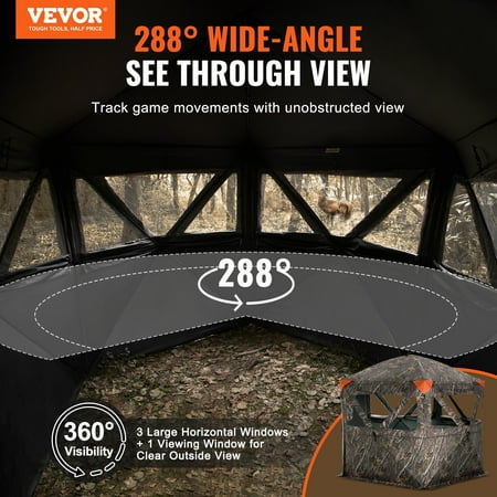 VEVOR Hunting Blind 288° See Through Ground Blind 6-7 Person Pop Up Deer Blind for Hunting with Carrying Bag Portable Resilient Hunting Tent 4 Horizontal Windows for Turkey and Deer Hunting