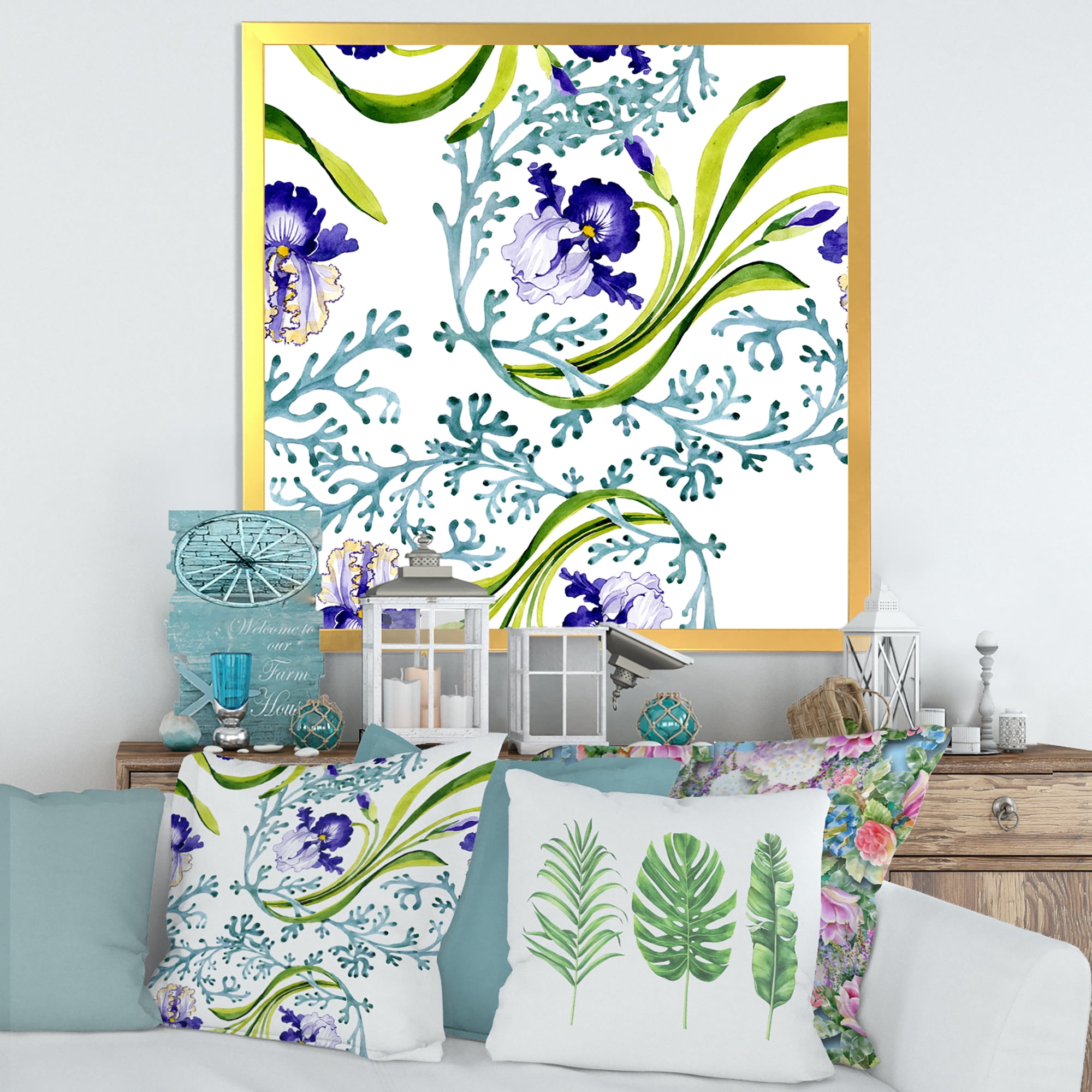 Abstract Blue Iris With Wild Spring Leaves 36 in x 36 in Framed Painting Canvas Art Print, by Designart