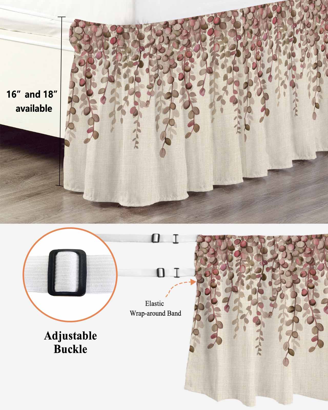 Eucalyptus Leaf Bed Skirt Queen Size 18 Inch Drop, Country Red Leaves Flora Plant Linen Texture Adjustable Elastic Dust Ruffles Bedskirt for Queen Bed Wrap Around Pleated Mattress Frame Cover