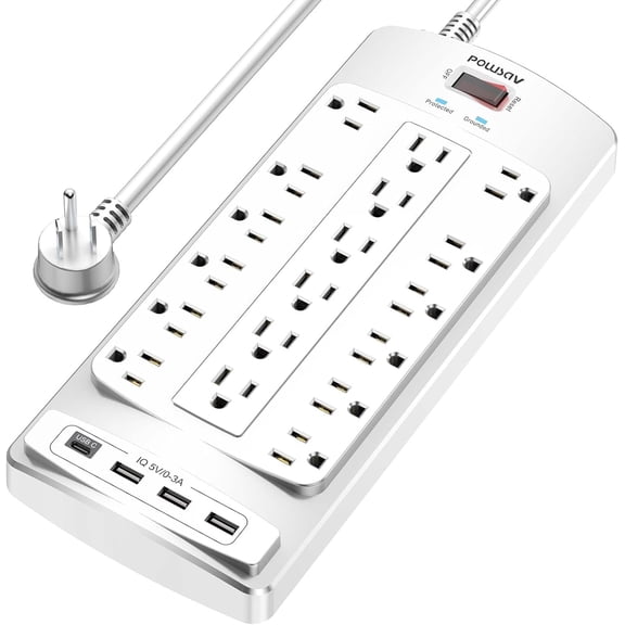 18 Outlets Surge Protector - 6 Feet Flat Plug Heavy Duty Extension Cord with 18 Widely Outlets and 4 USB Ports, 2100 Joules, White, ETL Listed