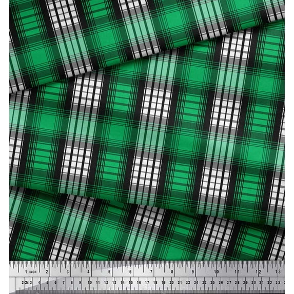 Soimoi Green Velvet Fabric Plaid Check Printed Craft Fabric by the Yard 58 Inch Wide
