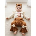 thumbnail image 5 of Spewahor Infant Baby Girls Spring Fall Outfit 0 3 6 12 18 Months Round Neck Cow Embroidery Jumpsuit Headband Elastic Waist Flared Pants Set, 5 of 9