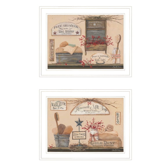 HomeRoots Set Of Two Wash Room 4 White Framed Print Bathroom Wall Art