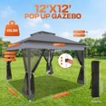 thumbnail image 5 of COBIZI Pop-up Gazebo 12x12 Outdoor Gazebo Canopy with Mosquito Netting Patio Tent Backyard Canopy with 2-Tiered Vented Top 3 Adjustable Height and 144 Square ft of Shade,Dark Gray, 5 of 13