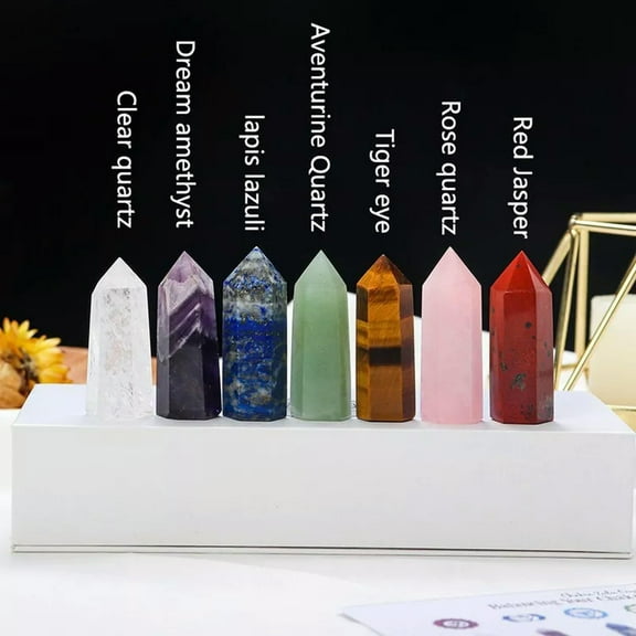 EOEMY 7 Chakra Healing Crystal Point Wand Natural Quartz Gemstone Obelisk Reiki   Box