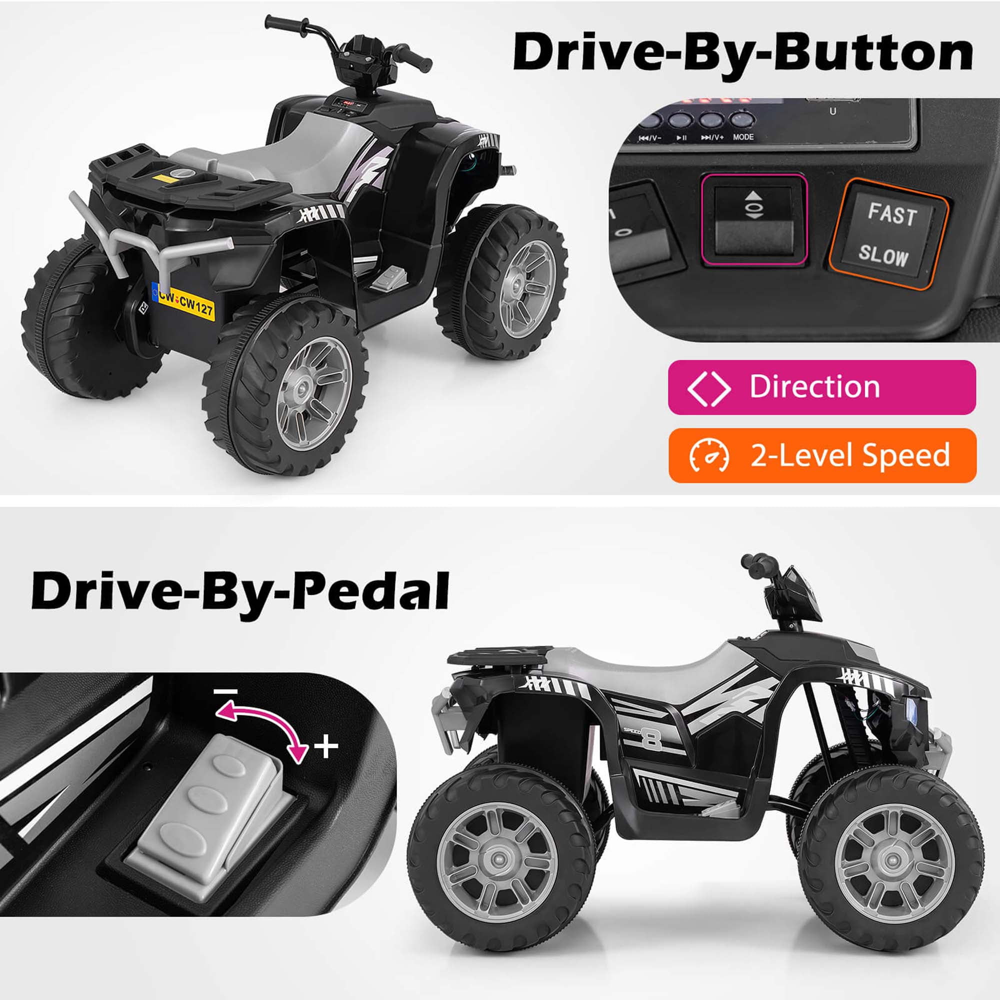 Costway 24V Kids Ride-On Electric ATV 4-Wheeler Quad Car with Wireless Connection Black