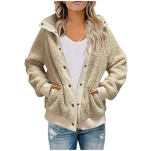 Odeerbi Jackets For Women Trendy Warm Faux Coat Jacket Winter Button Solid 2025 Long Sleeve Outerwear Beige