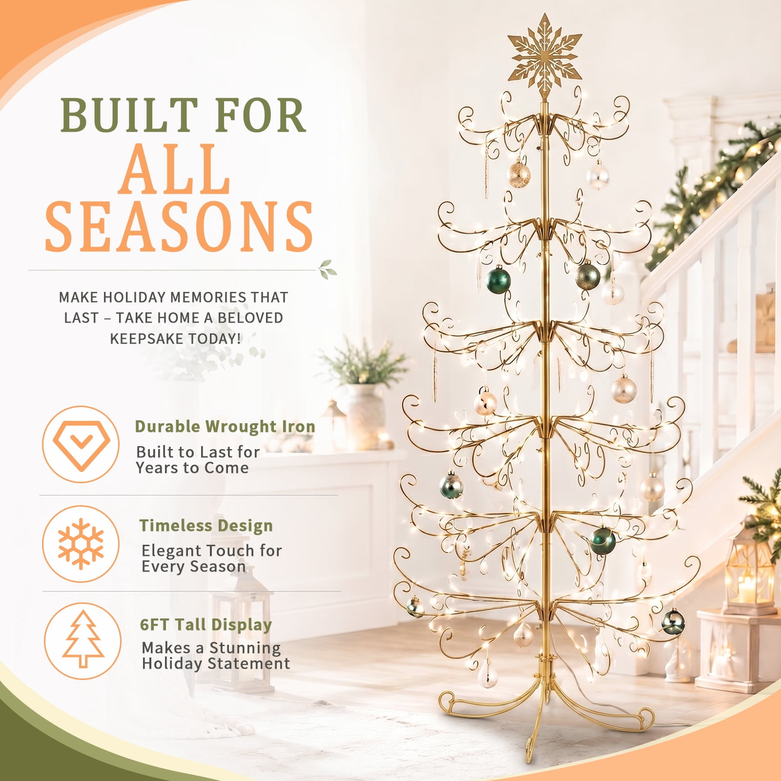 Astoutdoor 6 ft Gold Iron Christmas Tree with Snowflake Top, PVC Everyday Decor Tree, No Accessories Included