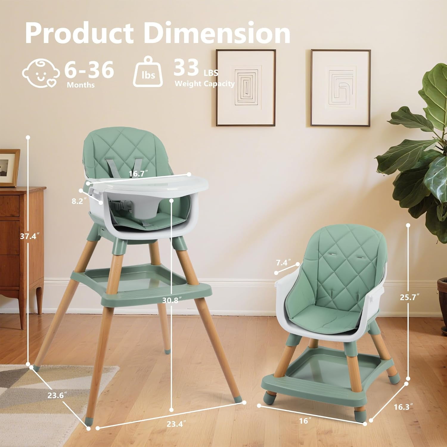 LINLUX Wood Baby High Chair, 7 in 1 Convertible Highchair, Infant Feeding Chair, Toddler Chair Green