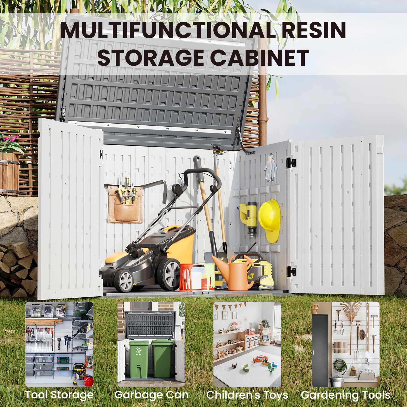 Outdoor Resin Storage Shed, 35 Cu.Ft Trash Can Storage Box with Lockable Door, Horizontal Outdoor Storage Cabinet for Garbage Cans, Garden Tools