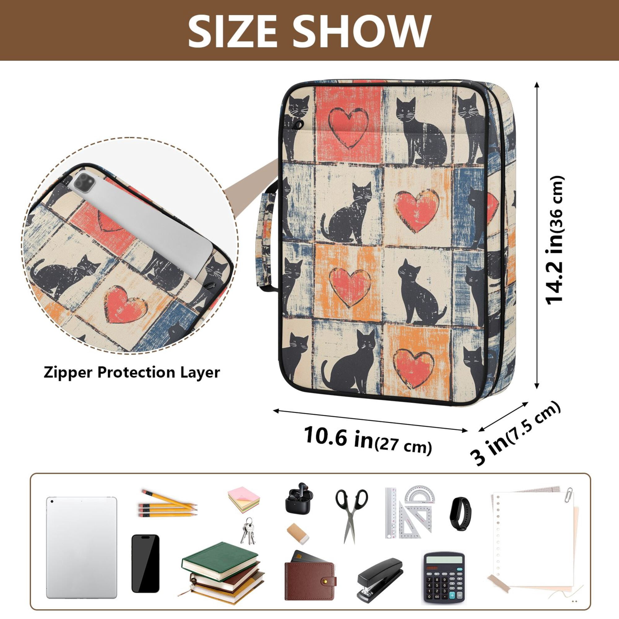 FORMRS Accordion File Folder A4 Size 7-Pocket Expanding Document Organizer Bag with 3 Ring Binder, Cats and Hearts