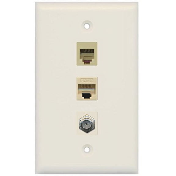 RiteAV - 1 Port Coax Cable TV- F-Type 1 Phone RJ11 RJ12 1 Cat5e Ethernet Wall Plate - Light Almond