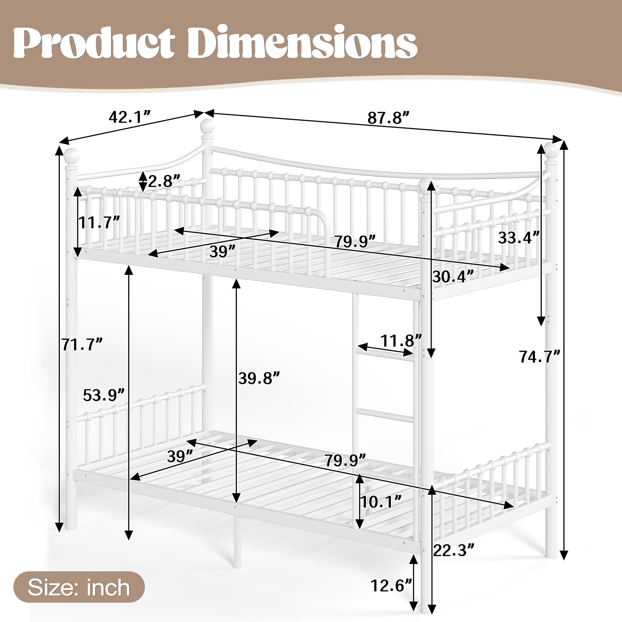 Leumius Twin XL over Twin XL Metal Bunk Bed with Unique Curved Guardrail Design, Round Tube Bunk Bed Frame, Metal Bunk Bed Frame for Kids Teens Adults White