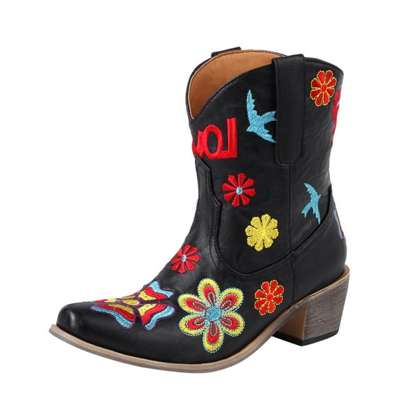 NECHOLOGY Botas Mujer Adulto Femenino Zapatos Botines para mujer Botines de mujer Punta estrecha Vintage Flor bordada Botas de mujer Baile de fiesta Botas occidentales (Black, 7.5)