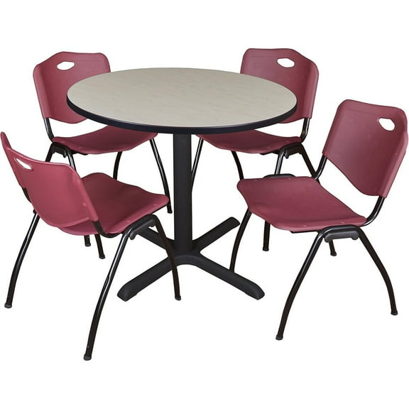 HomeStock French Fabulous 36" Round Breakroom Table- Maple & 4 'M' Stack Chairs- Burgundy, Ideal for Cafeterias, Dining, and Office Spaces