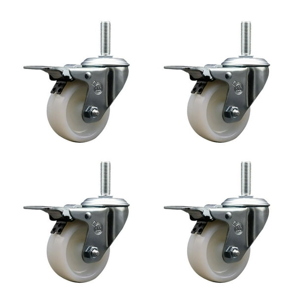 Nylon Swivel Threaded Stem Caster Set of 4 w/4" x 1.25" White Wheels