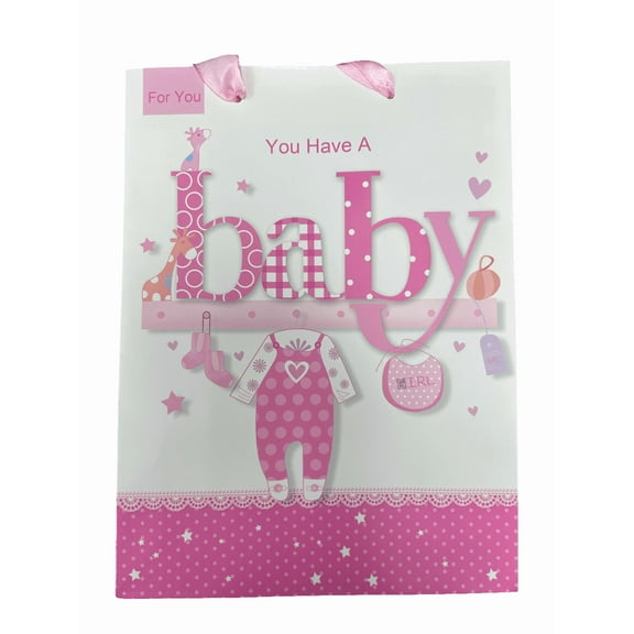 7 in x 9.5 in You Have A Baby Girl Small Decorative Gift Bag, Pink Polka Dot Design with Baby Clothes, Rocking Horse, Sturdy Satin Ribbon Handles, Durable, Perfect for Baby Shower Gifts, Pink
